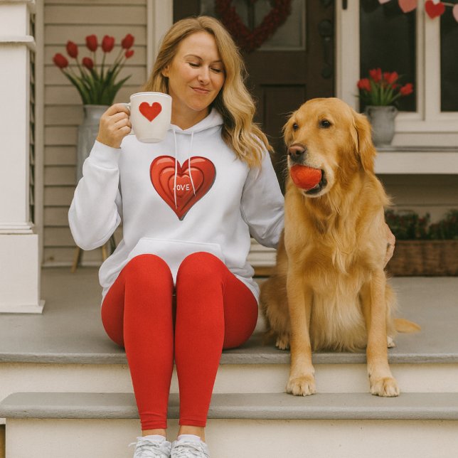 Moletom Coração Vermelho de Amor Dia dos Namorados para El (Valentine’s hoodie with red heart and “Love” text—cozy style for dog lovers and porch moments.)