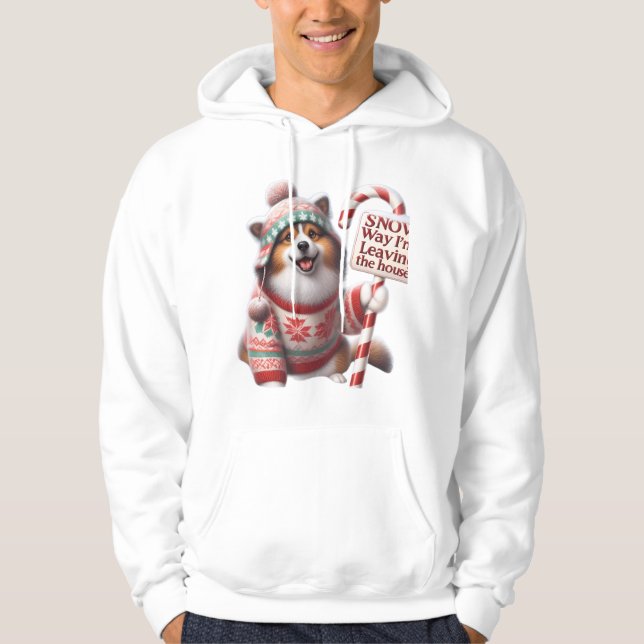 Moletom Corgi/Pomeranian Engraçado em Suéter: "Neve Fora!" (Frente)