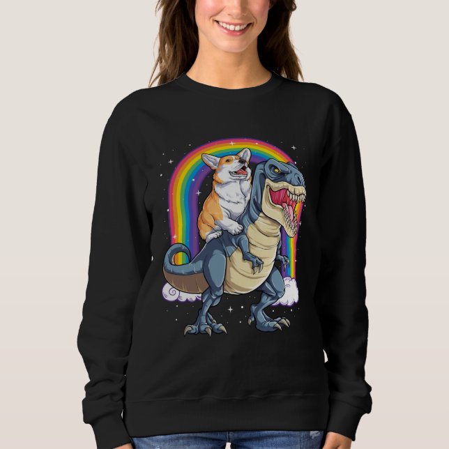 Moletom Corgi Riding Dinosaur rex  Men Women Rainbow (Frente)