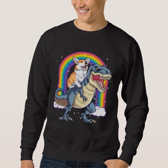 Moletom Corgi Riding Dinosaur rex  Men Women Rainbow (Frente)