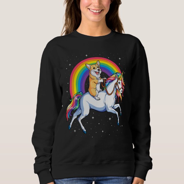 Moletom Corgi Riding Unicorn Girls Kids Rainbow Space Gala (Frente)