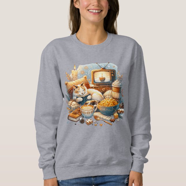 Moletom Cozy Vibes Apenas: Gato, Livro, Mac & Queijo, Café (Frente)
