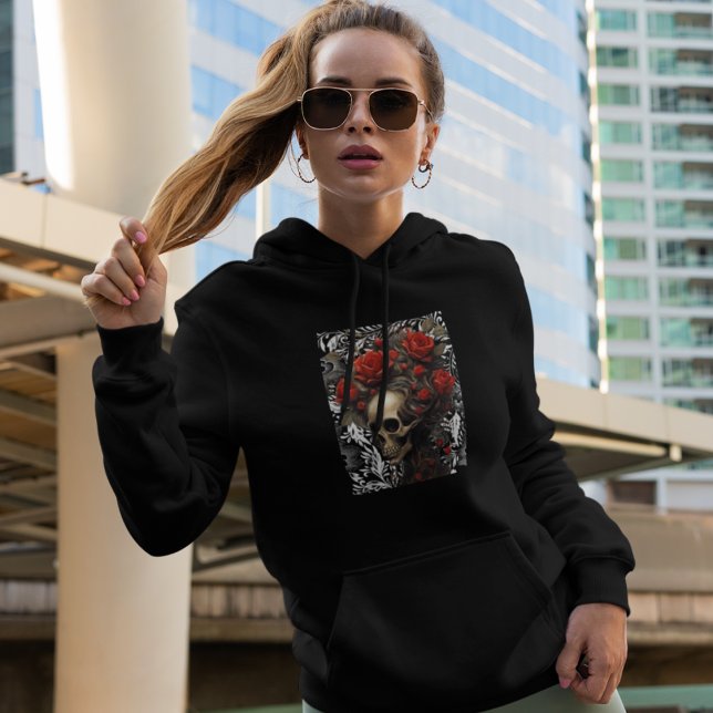 Moletom Crânio Com Rosas De Cabelo Selvagem Em Folhas De V (Criador carregado)