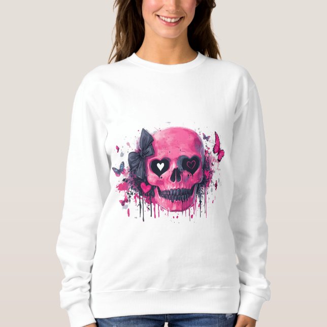 Moletom Crânio rosa com borboletas e corações (Frente)