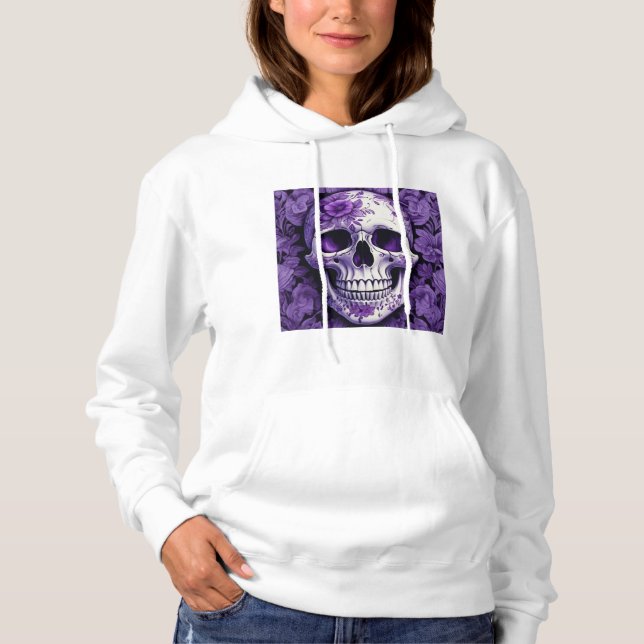Moletom Crânio violeta floral 3D com flores violetas (Frente)
