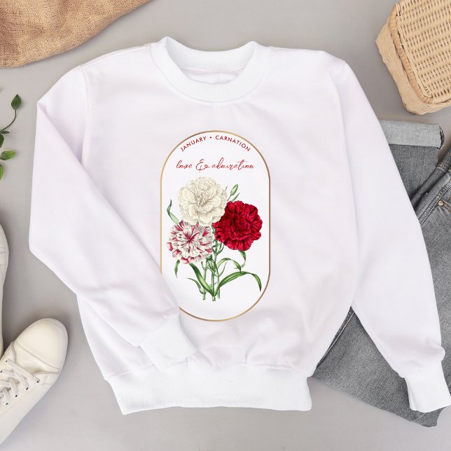Moletom Cravo de Aniversário do Flor de Nascimento em Jane (Personalized Birth Flower Month January Carnation Sweatshirt)