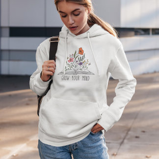 Moletom Cresça a sua mente, Boho, flor selvagem e livro