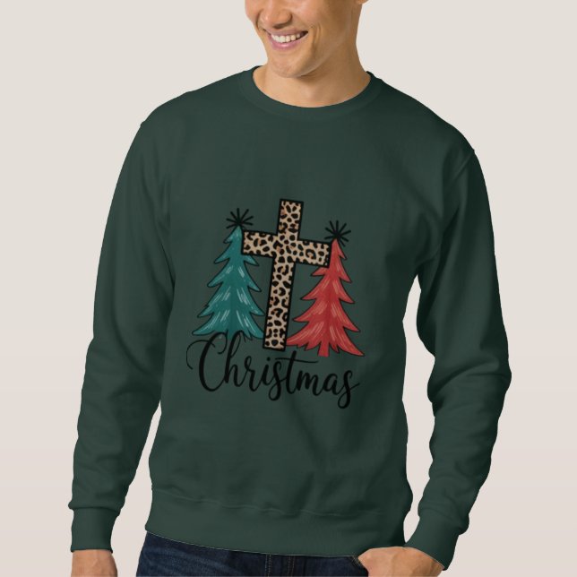 Moletom Cruz de Leopardo Árvores de Natal Cristãs  (Frente)