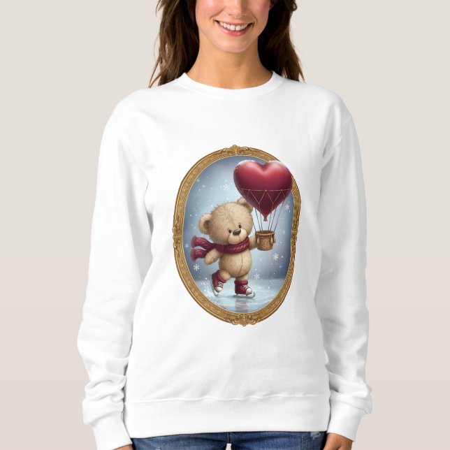 Moletom Cute Bear Holding Heart Balloon in Snowy Sky – Ado (Frente)