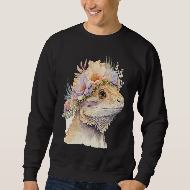 Moletom Cute Bearded Dragon Flower Crown Floral Watercolor (Frente)