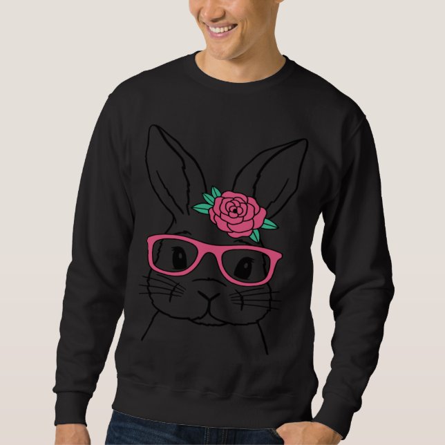 Moletom Cute Bunny Face Pink Glasses Flowers Easter Day 20 (Frente)