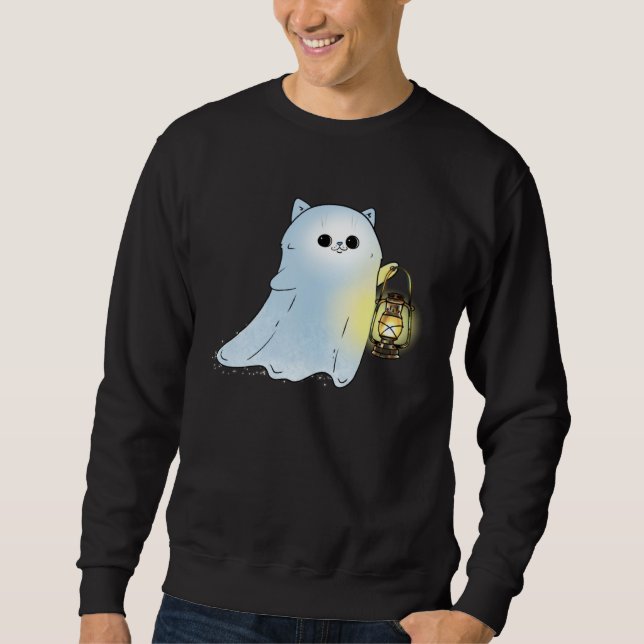 Moletom Cute Cat Ghost With Lantern Spook Phantom Hallowee (Frente)