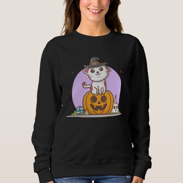 Moletom Cute Cat in Witches Hat on Pumpkin with Candy  Hal (Frente)
