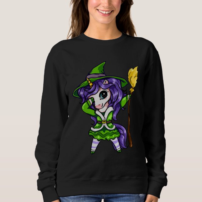 Moletom Cute Dabbing Unicorn Girl Witch With Broom Hallowe (Frente)