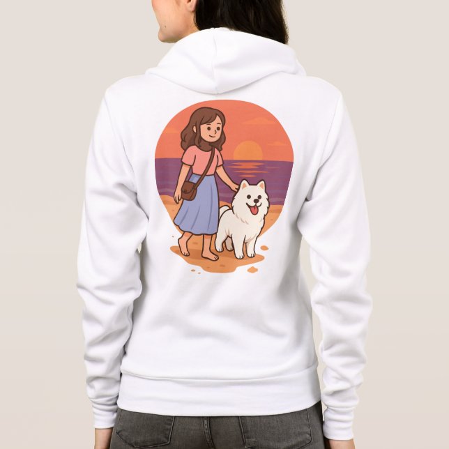 Moletom Cute Dog Mom Walking Fluffy Pup on Sunset Beach  (Verso)