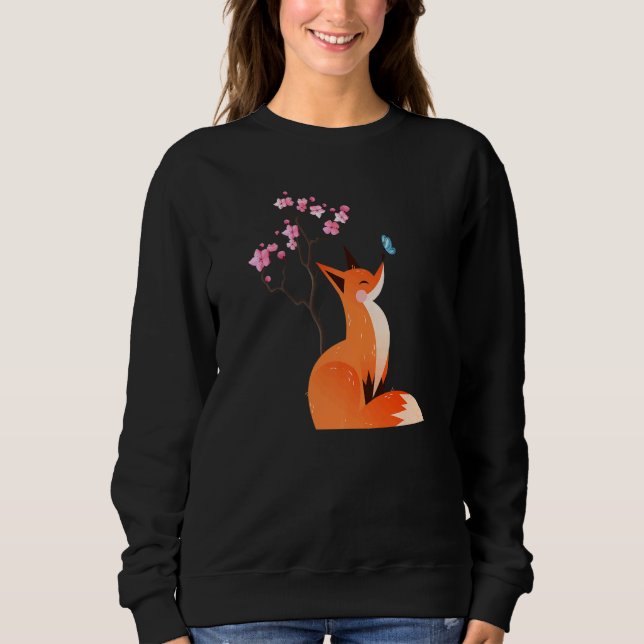 Moletom Cute Fox Shirt Japanese Cherry Flower And Butterfl (Frente)