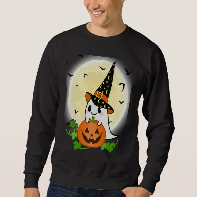 Moletom Cute Ghost Witch With Pumpkin and Full Moon Hallow (Frente)