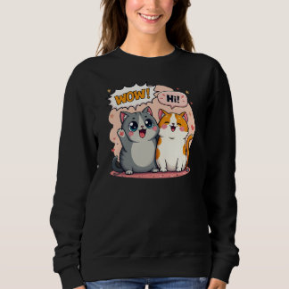 Moletom Cute Kawaii Cats Quadrinho Dizendo Wow e Olá Crewn