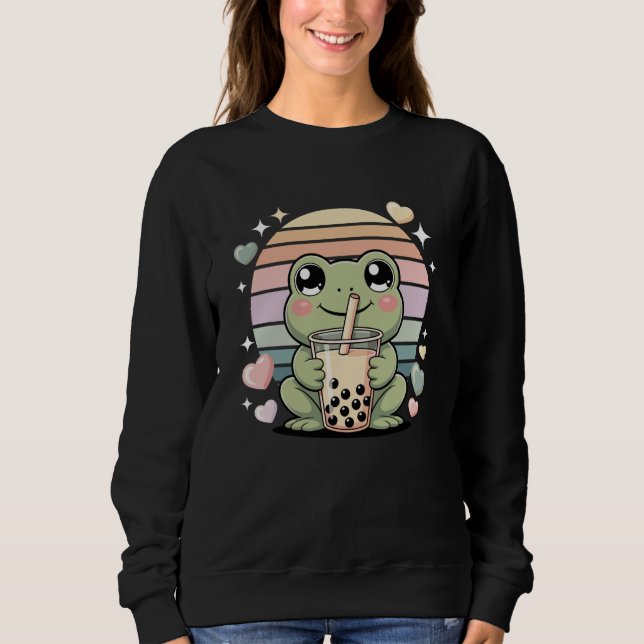 Moletom Cute Kawaii Frog Bubble Tea Lover Pastel Hearts (Frente)