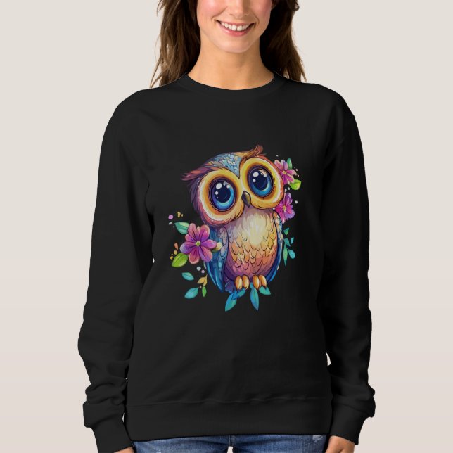 Moletom Cute Pastel Owl with Flowers Big Eyes Boho Nature (Frente)
