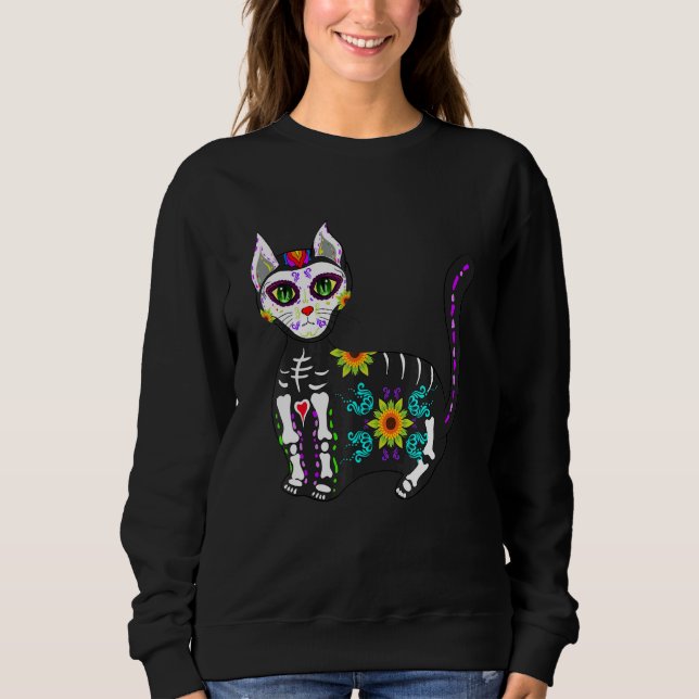 Moletom Cute Sugar Skull Mexican Cat Halloween Day Of The  (Frente)