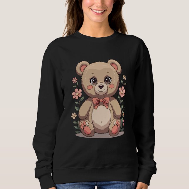 Moletom Cute Teddy Bear with Bow Tie and Pastel Flowers (Frente)