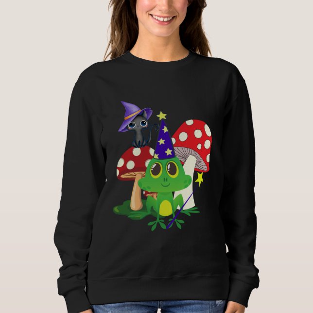 Moletom Cute Wizard Frog and Witch Black Cat Mushrooms Hal (Frente)