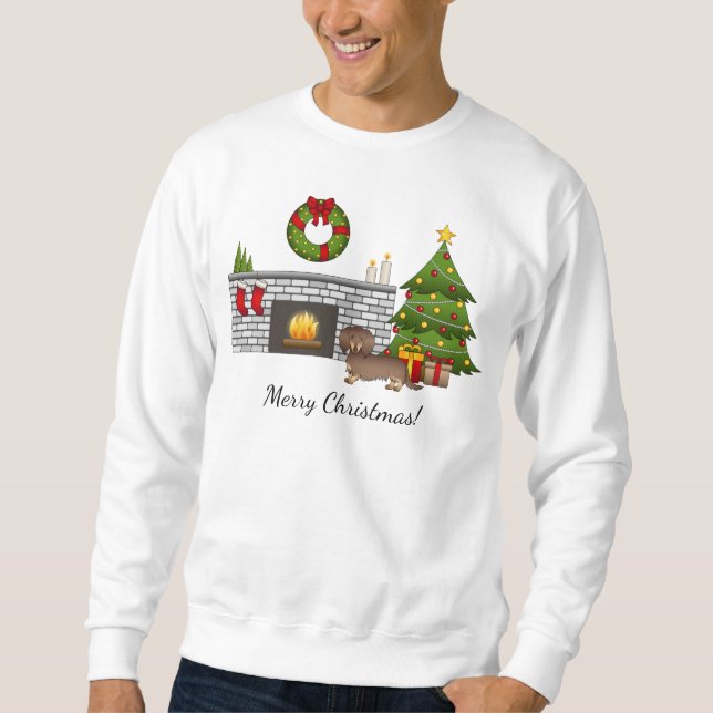 Moletom Dachshund de Natal de Pelo Longo Chocolate e Bege  (Frente)
