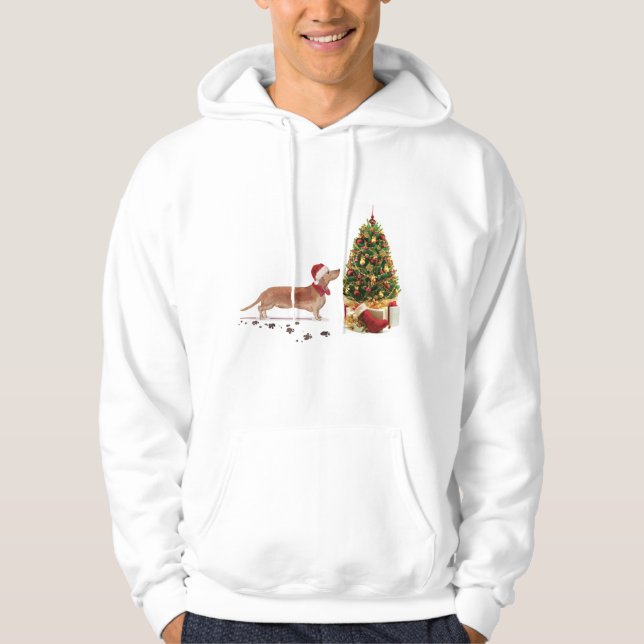 Moletom Dachshund Marrom Engraçado Cachorro Natal com Árvo (Frente)