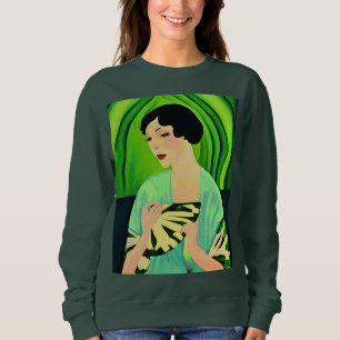 Moletom Dama Art Déco com um Leque em Verde Jade