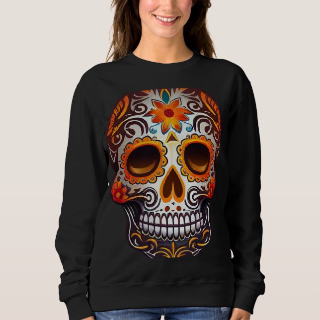 Moletom Day Of Dead Sugar Skull Floral Skeleton Head Bone  (Frente)