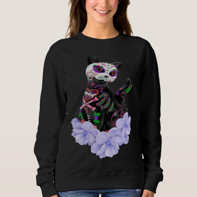 Moletom Day Of The Dead Sugar Skull Cat Purple Flowers (Frente)