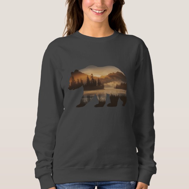 Moletom Desenho de Silhueta de Urso com Vista do Pôr do So (Frente)