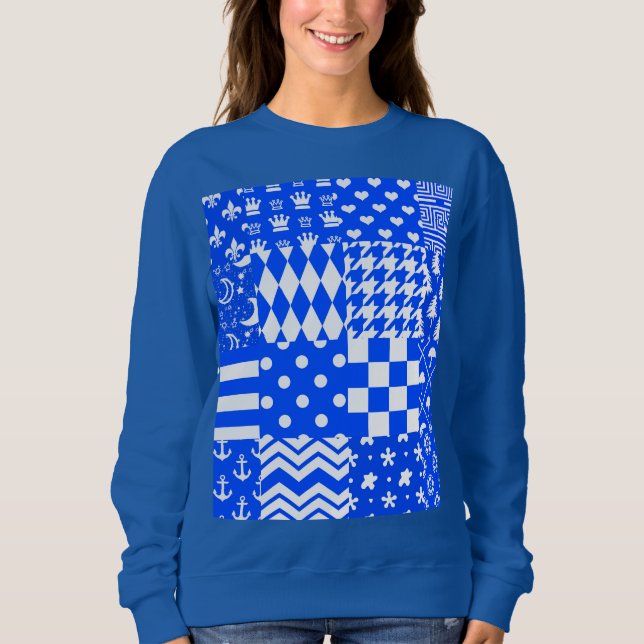 Moletom Design de Correção de Padrões Mistos Branco Azul (Frente)