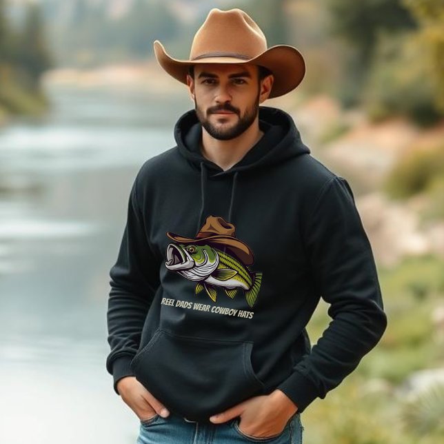 Moletom Dia de os pais Engraçado Peixe vestindo um Chapéu  (Funny Bass Fish with Cowboy Hat-Father's Day Hoodie Fisherman Core Reel Dads wear cowboy hats)