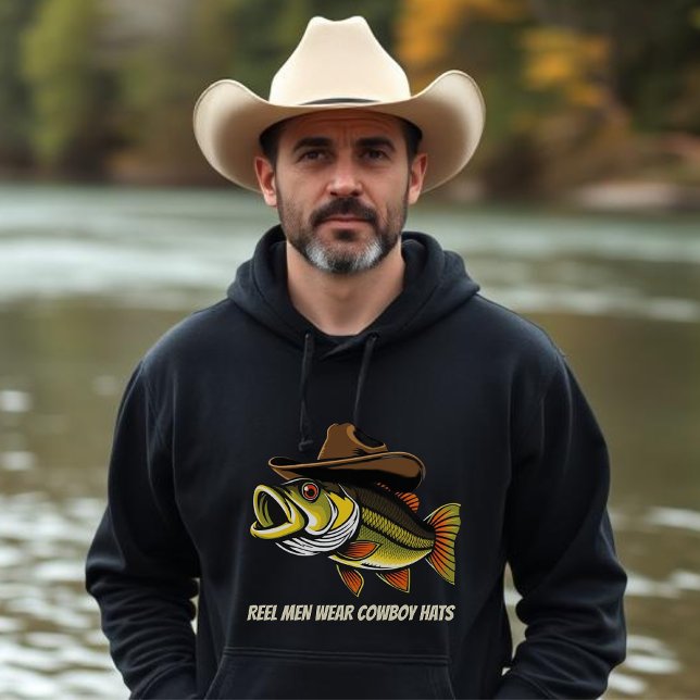 Moletom Dia de os pais Engraçado Peixe Vestindo um Chapéu  (Bass Fish with a Cowboy Hat Funny Hoodie for men, Fisherman, Country Cowboys)