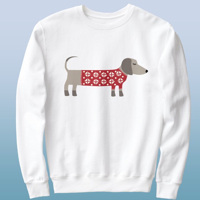 Moletom Doce de Dachshund Diversão de Natal (Unisex sweatshirt featuring a Dachshund Sausage or Wiener dog in festive red and white knitwear)
