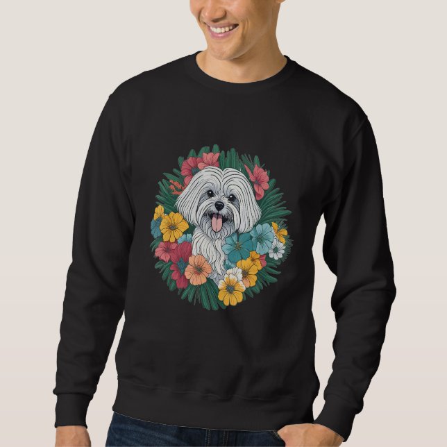 Moletom Dog Lover Smiling Maltese Dog Dog Flowers Floral f (Frente)