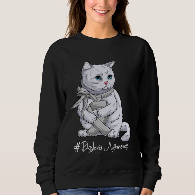 Moletom Dyslexia Awareness Month Silver Ribbon Cat (Frente)
