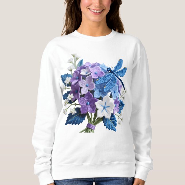 Moletom Embroidered Hydrangeas and Dragonfly Botanical Art (Frente)