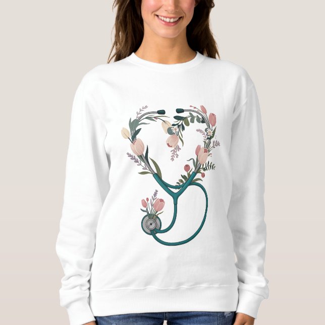 Moletom Enfermeira Floral Stethoscope T-Shirt - Pastel Sua (Frente)