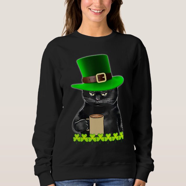 Moletom Engraçado Leprechaun Black Cat Bebe Café Com Shamr (Frente)