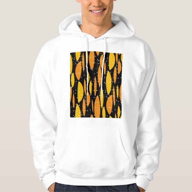 Moletom Estilo atômico, padrão geométrico laranja preto. (Frente)