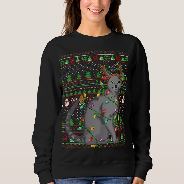 Moletom Estilo de Sweater Feio Xmas Iluminando Gato Azul R (Frente)