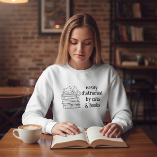Moletom Facilmente Distraído por Gatos e Livros Arte Coque