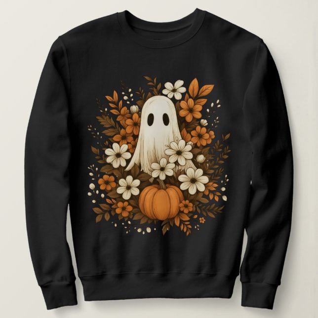 Moletom Fantasma Bonito Com Pumpkin E Flores De Queda - Ha (Frente do Design)