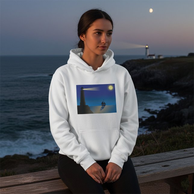 Moletom Farol e veleiro à noite Oceano iluminado pela Lua (Criador carregado)