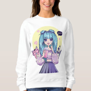 Moletom Fashionista: Garota de Cabelo Azul com Panda e Gat