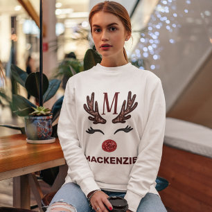 Moletom Faux Embroiderme Womens Reindeer Xmas Monograma No