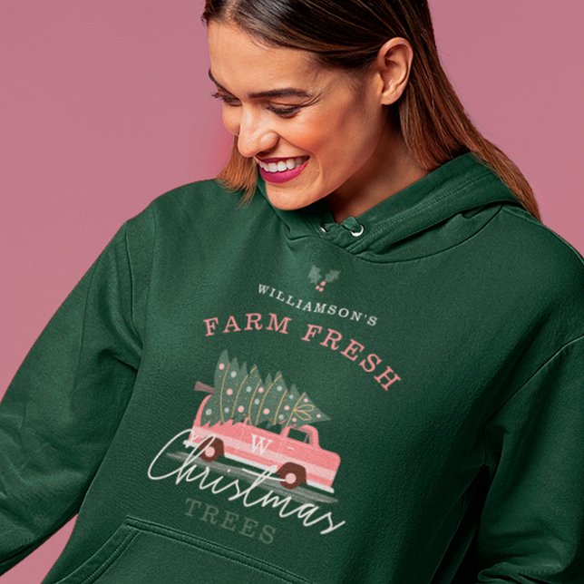 Moletom Fazenda da família Árvores de Natal frescas, cor-d (Family's Farm Fresh Christmas Trees Pink Retro Van Hoodie)